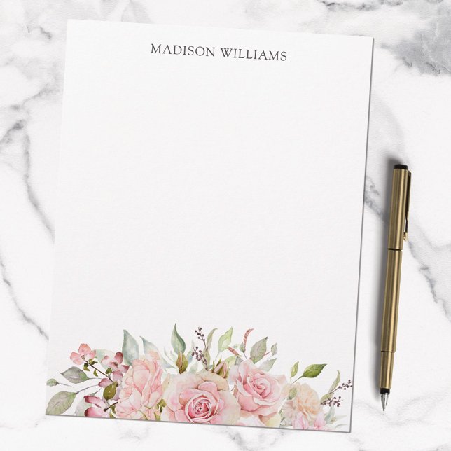 Monogrammed Watercolor Pink Rose Floral Letterhead (In situ)