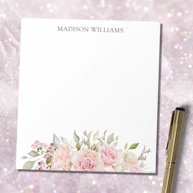 Monogrammed Watercolor Pink Rose Floral Notepad (In situ)