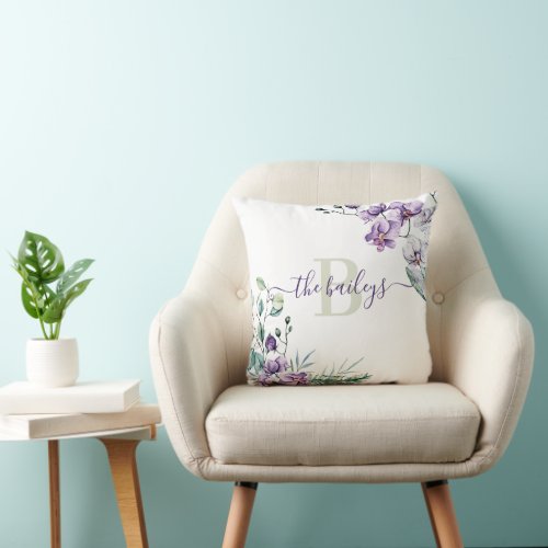 Monogrammed Watercolor Purple Orchid Pillow