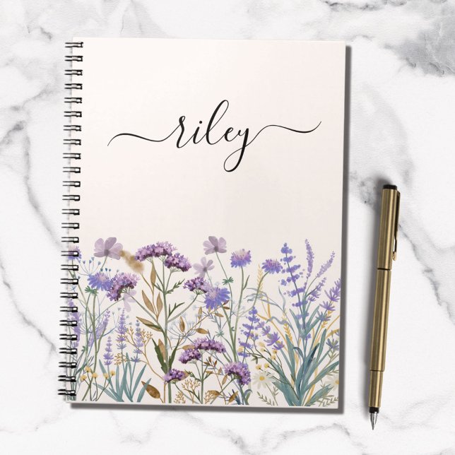 Monogrammed Watercolor Purple Wildflower Garden Notebook (In situ)