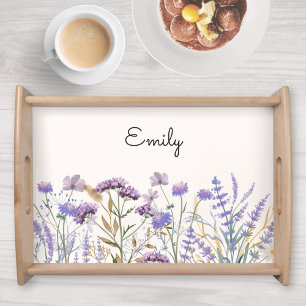 Monogrammed Watercolor Purple Wildflower Meadow Serving Tray