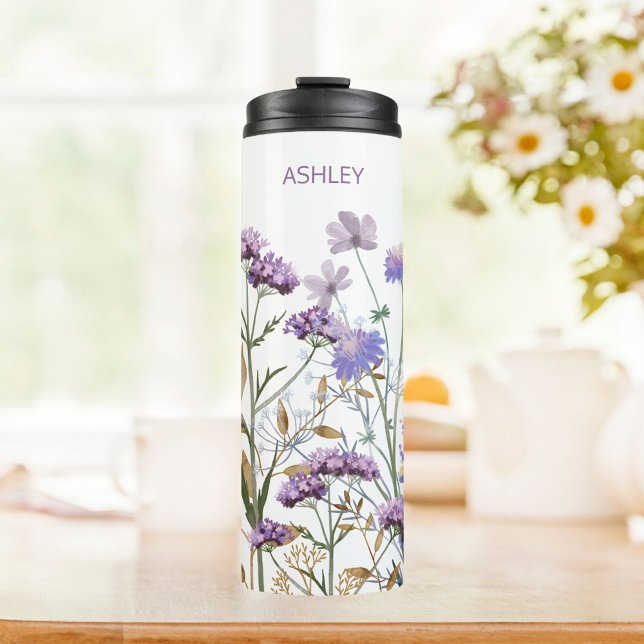 Monogrammed Watercolor Purple Wildflower Meadow Thermal Tumbler (In situ)