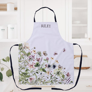 Monogrammed Watercolor Purple Wildflowers Apron