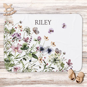 Monogrammed Watercolor Purple Wildflowers Baby Blanket
