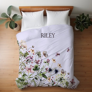 Monogrammed Watercolor Purple Wildflowers Duvet Cover