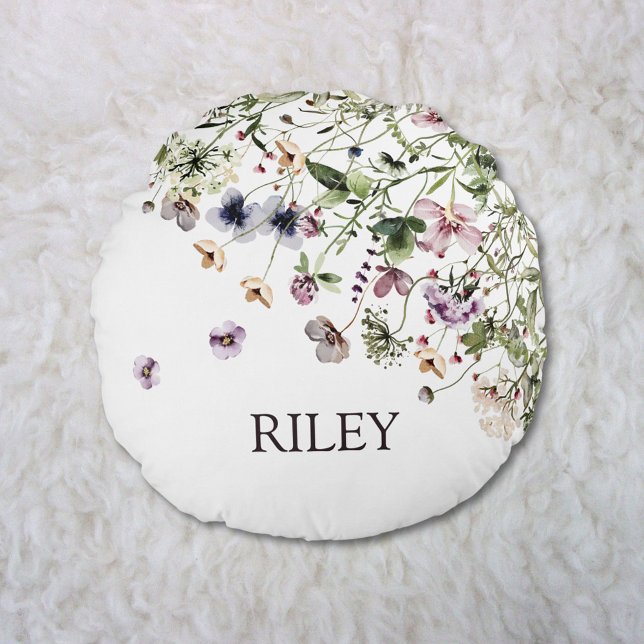 Monogrammed Watercolor Purple Wildflowers Round Pillow (In situ)