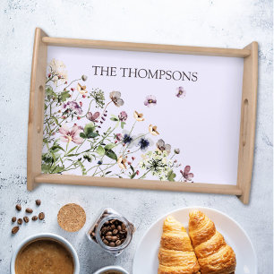 Monogrammed Watercolor Purple Wildflowers Serving Tray