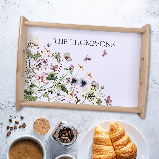 Monogrammed Watercolor Purple Wildflowers Serving Tray (In situ )