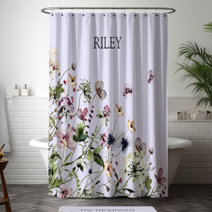 Monogrammed Watercolor Purple Wildflowers Shower Curtain