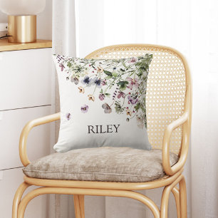 Monogrammed Watercolor Purple Wildflowers Throw Pillow