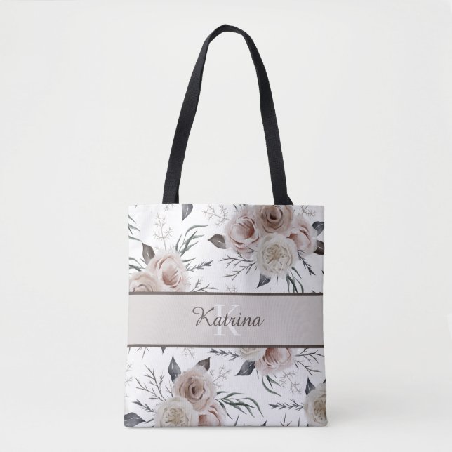 Monogrammed Watercolor Rose Tote Bag (Front)