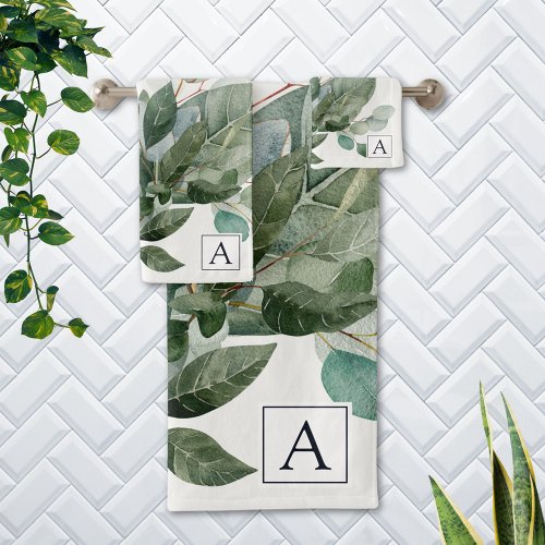 Monogrammed Watercolor Rustic Sage Greenery Bath Towel Set