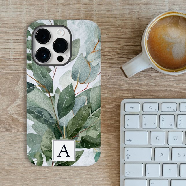 Monogrammed Watercolor Rustic Sage Greenery Case-Mate iPhone Case (In situ)
