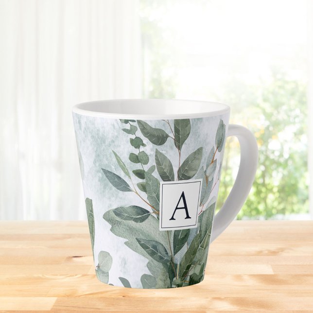 Monogrammed Watercolor Rustic Sage Greenery Latte Mug (In situ Kitchen table)