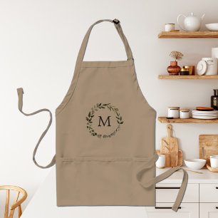 Monogrammed Watercolor Sage Green Leaves Wreath Adult Apron