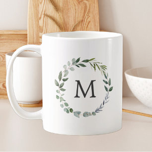 Monogrammed Watercolor Sage Green Leaves Wreath Coffee Mug