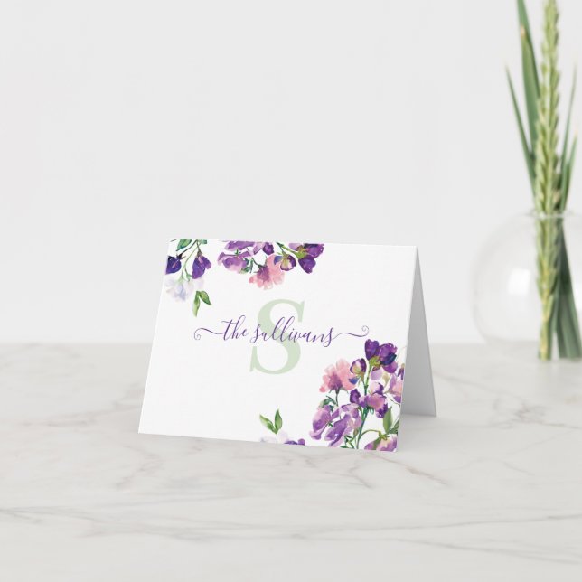 Monogrammed Watercolor Sweet Pea Stationary Card (Front)