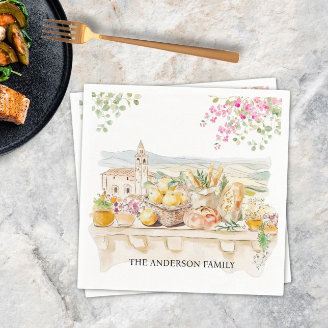 Monogrammed Watercolor Tuscany Mediterranean Italy Napkins (In situ)