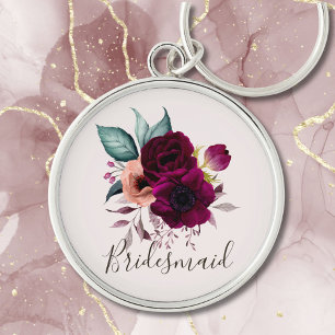 Monogrammed Watercolor Vintage Boho Purple Flowers Keychain