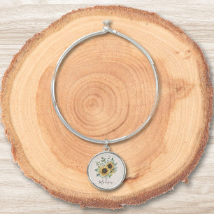 Monogrammed Watercolor Vintage Rustic Sunflower Bangle Bracelet