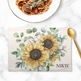 Monogrammed Watercolor Vintage Rustic Sunflower Cloth Placemat