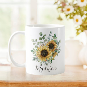 Monogrammed Watercolor Vintage Rustic Sunflower Coffee Mug