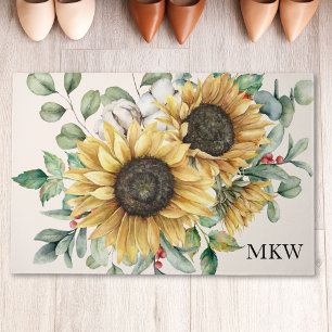Monogrammed Watercolor Vintage Rustic Sunflower Doormat