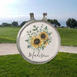 Monogrammed Watercolor Vintage Rustic Sunflower Golf Hat Clip