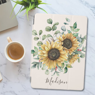 Monogrammed Watercolor Vintage Rustic Sunflower iPad Mini Cover