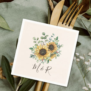 Monogrammed Watercolor Vintage Rustic Sunflower Napkins