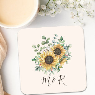 Monogrammed Watercolor Vintage Rustic Sunflower Square Paper Coaster