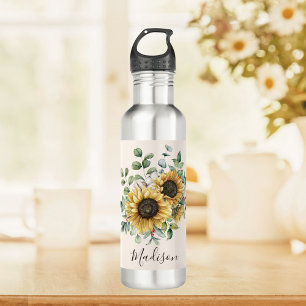 Monogrammed Watercolor Vintage Rustic Sunflower Stainless Steel Water Bottle
