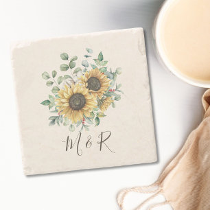 Monogrammed Watercolor Vintage Rustic Sunflower Stone Coaster