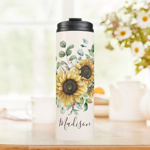 Monogrammed Watercolor Vintage Rustic Sunflower Thermal Tumbler