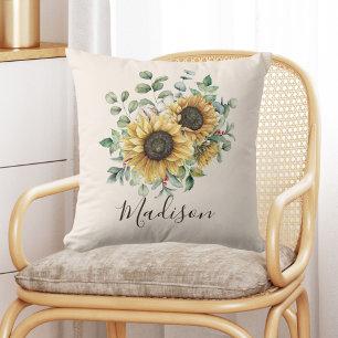 Monogrammed Watercolor Vintage Rustic Sunflower Throw Pillow