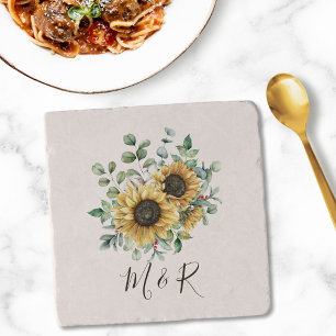 Monogrammed Watercolor Vintage Rustic Sunflower Trivet