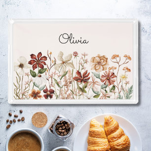 Monogrammed Watercolor Vintage Wildflower Meadow Acrylic Tray