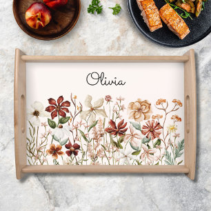 Monogrammed Watercolor Vintage Wildflower Meadow  Serving Tray