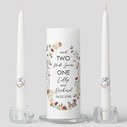 Monogrammed Watercolor wildflower and  Butterfly W Unity Candle Set