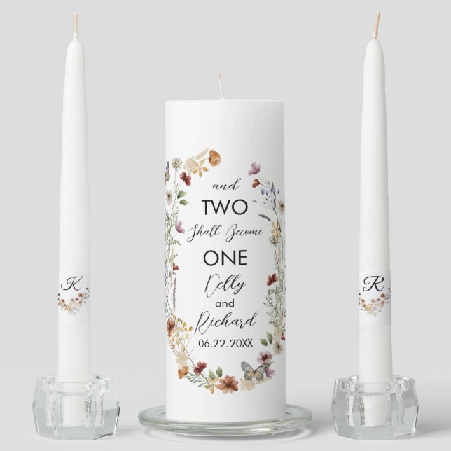 Monogrammed Watercolor wildflower and  Butterfly W Unity Candle Set (Front)
