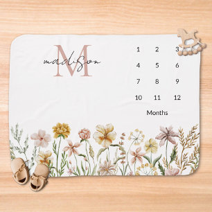 Monogrammed Watercolor Wildflower Floral Milestone Baby Blanket