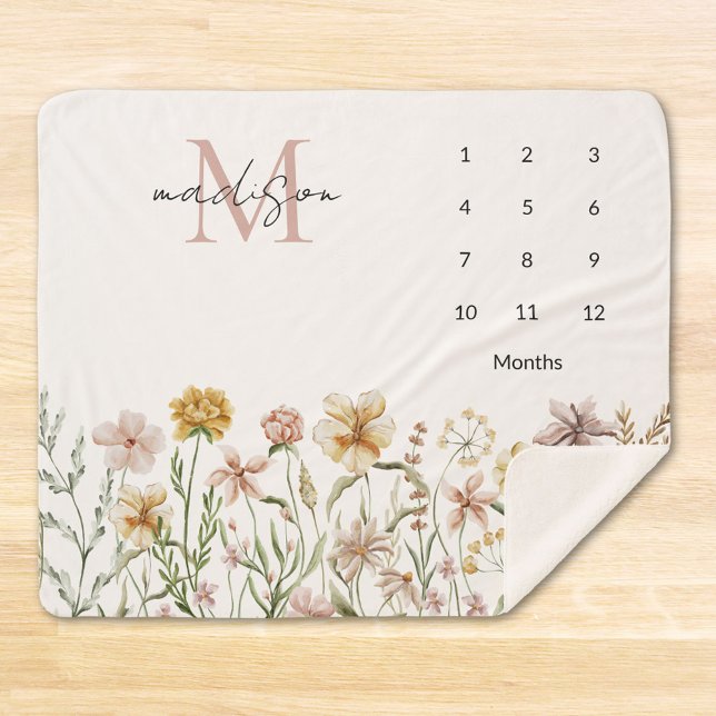Monogrammed Watercolor Wildflower Floral Milestone Sherpa Blanket (Close up)