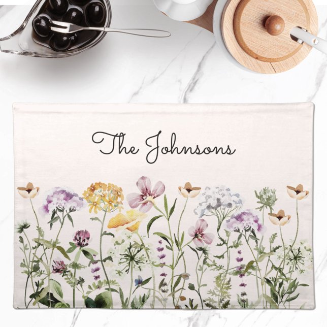 Monogrammed Watercolor Wildflower Garden Cloth Placemat (In situ)