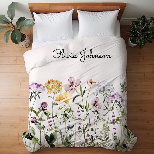 Monogrammed Watercolor Wildflower Garden Duvet Cover (In situ bathroom)