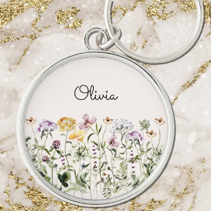 Monogrammed Watercolor Wildflower Garden Keychain