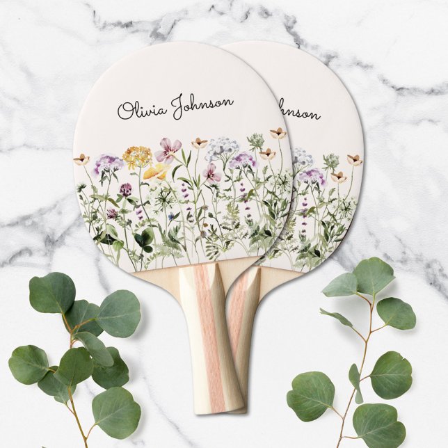 Monogrammed Watercolor Wildflower Garden Ping Pong Paddle (Close up)
