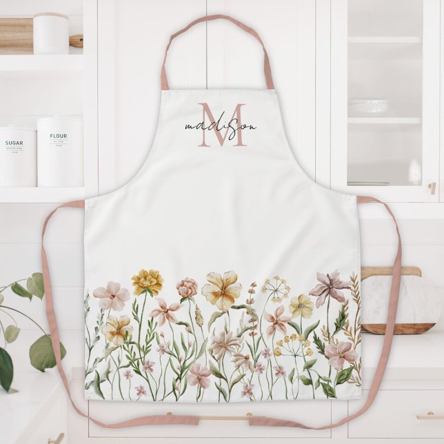 Monogrammed Watercolor Wildflower Meadow Floral Apron (In situ)