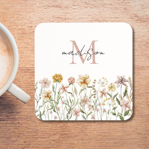 Monogrammed Watercolor Wildflower Meadow Floral Beverage Coaster