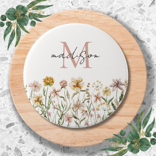 Monogrammed Watercolor Wildflower Meadow Floral Button