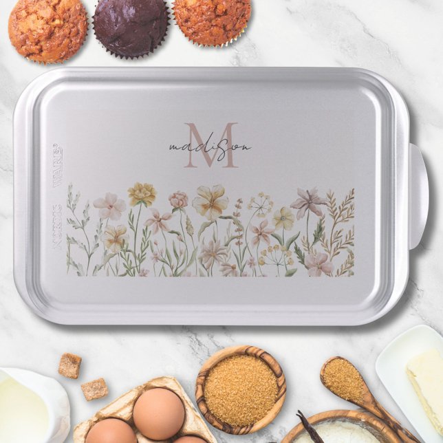 Monogrammed Watercolor Wildflower Meadow Floral Cake Pan (In situ)